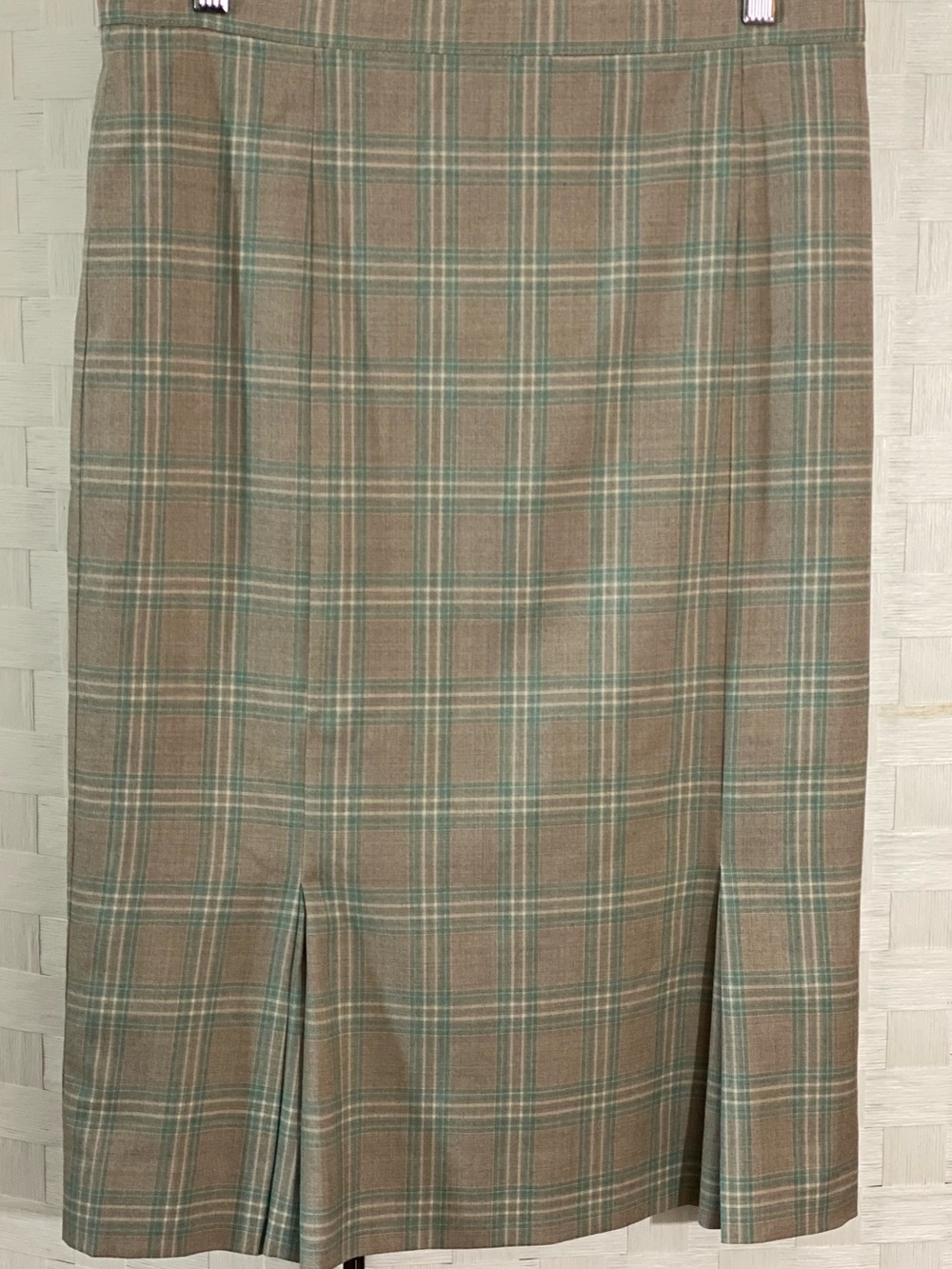 Taupe and Teal Plaid Midi Skirt